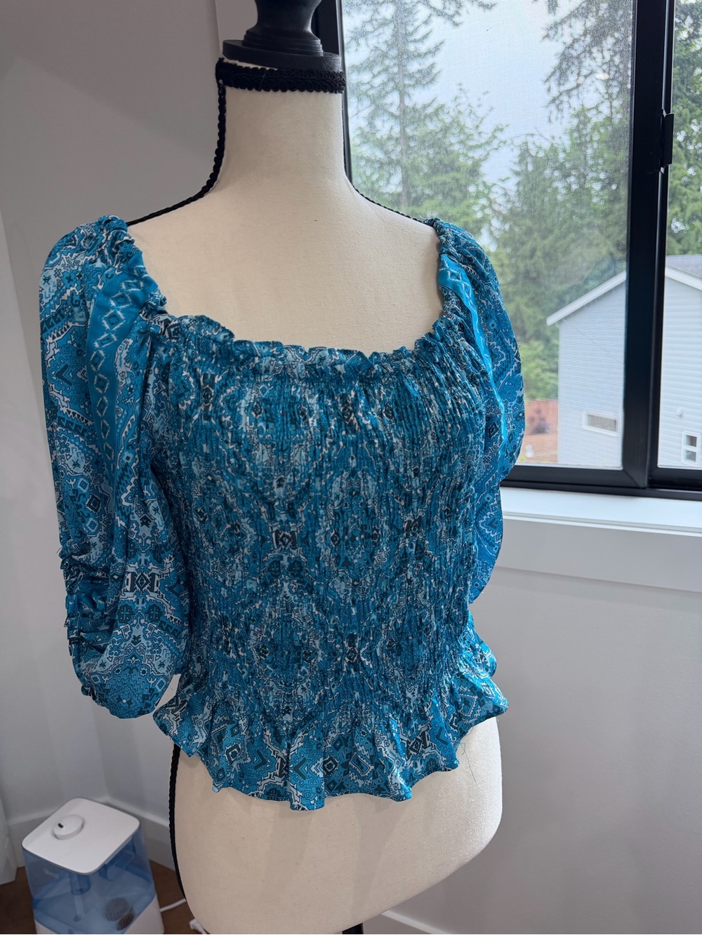 Ramy Brook Teal Blue Smocked Peasant Blouse